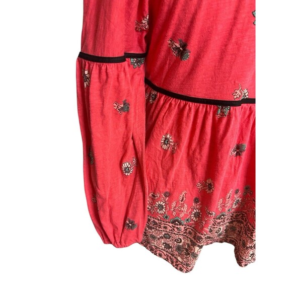 Lucky Brand Floral Boho Coral Tie Neck Keyhole 3./4 Bishop Sleeves Blouse Sz S - Picture 7 of 9